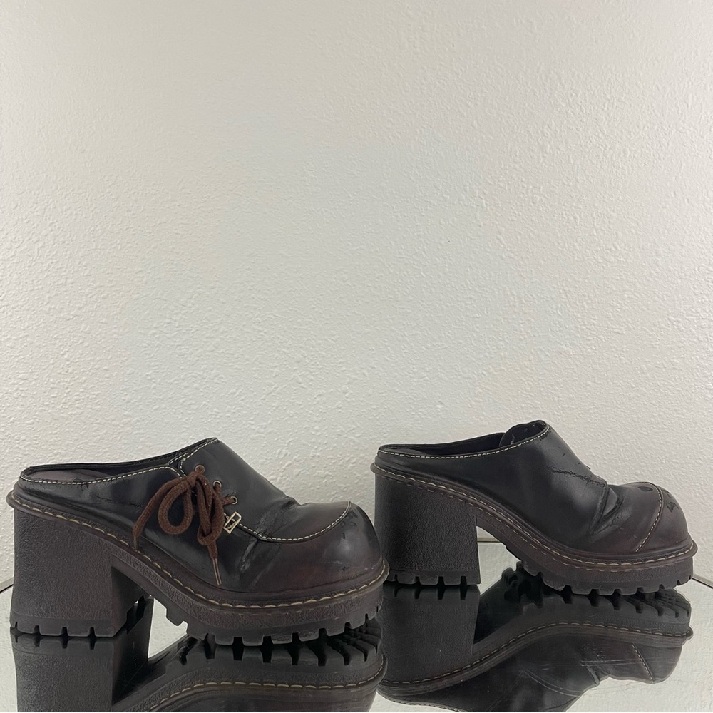 L.E.I. Vintage Y2K Brown Faux Leather Chunky Platform Lace Up Heeled Mule Shoes - Picture 4 of 12